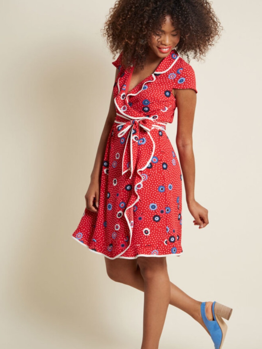 Modcloth Daytime Draper Wrap Dress Retro Floral Red Blue Size Small